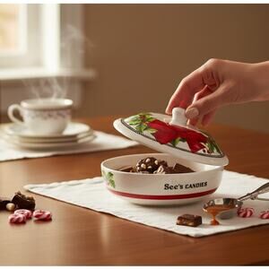 See's Christmas Candy Dish with Lid NEW Ceramic Holly Mistletoe Bow VTG 4.5"